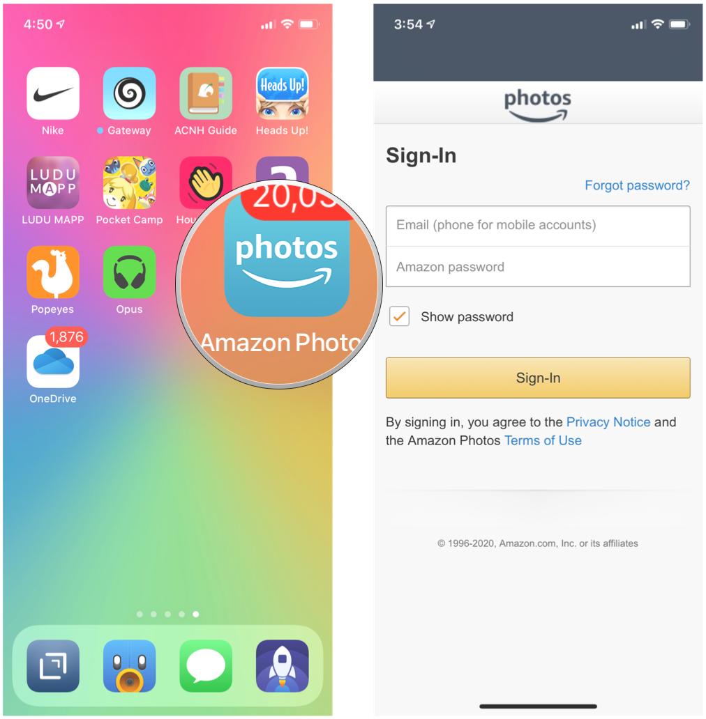 Set auto backup for photos and videos with Amazon Photos by showing steps: Launch Amazon Photos, log in to Amazon Prime account