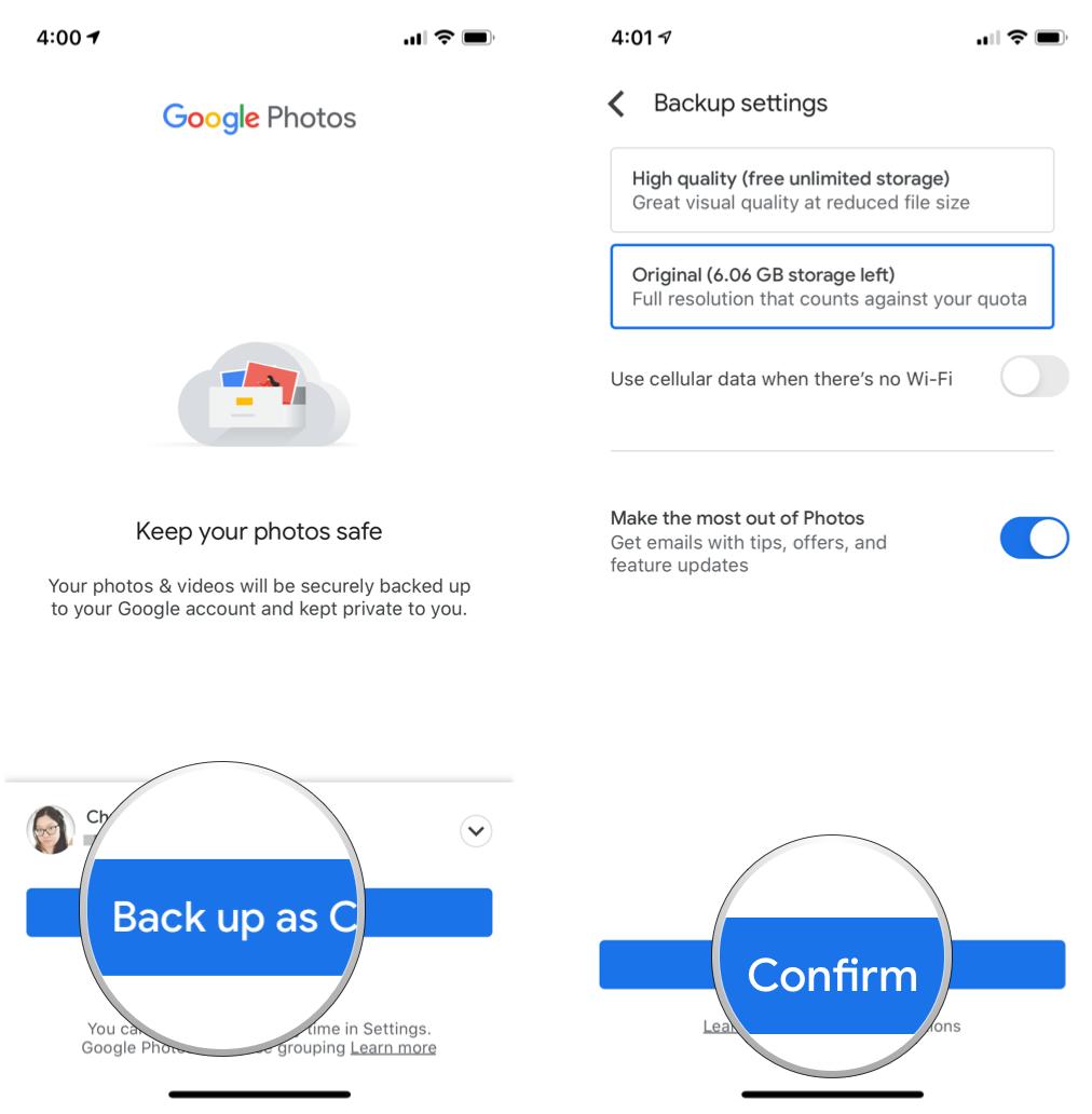 Set up automatic backup for photos and video in Google Photos by showing steps: Select Back up as, select the quality of backup as high resolution or original, and then tap Confirm