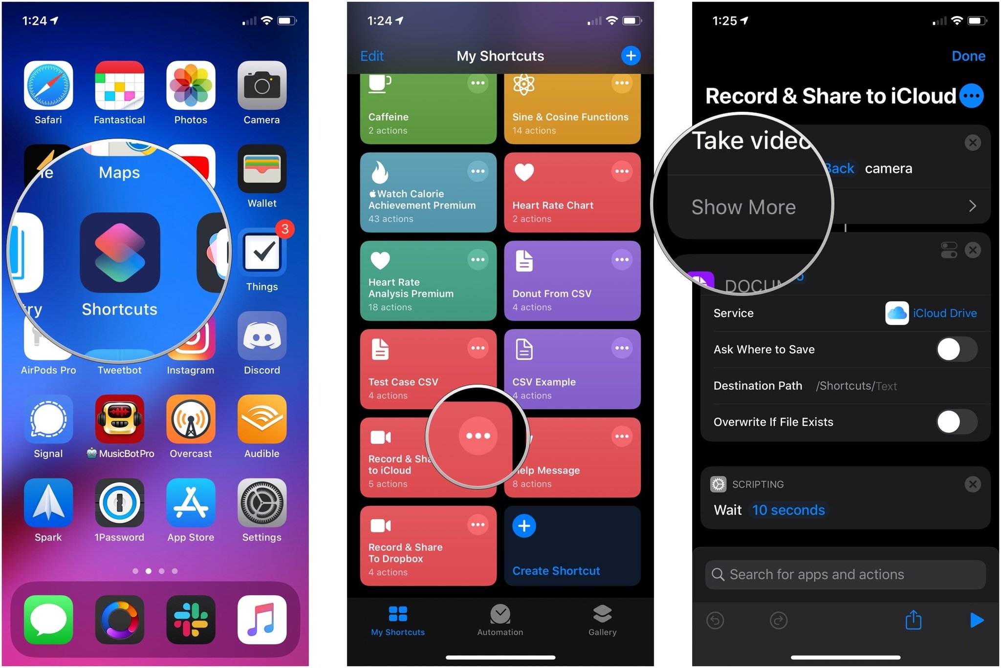 How to set up the Record & Share shortcut, showing how to open Shortcuts, tap the ... button on the shortcut, then tap Show More on the Camera action