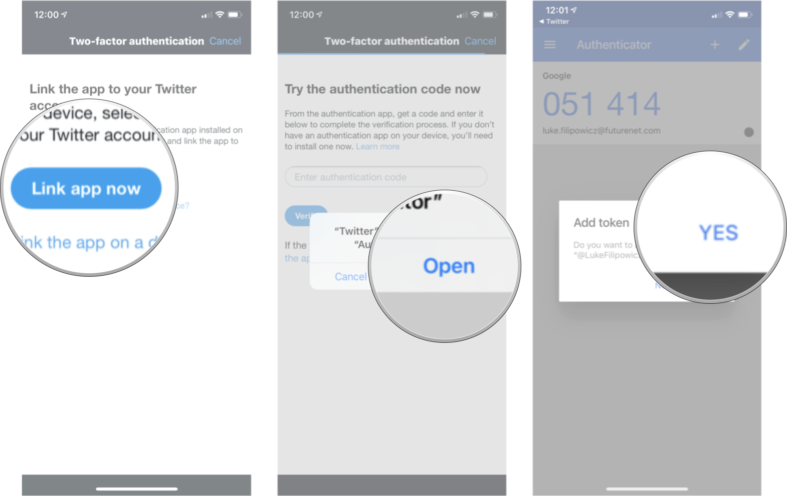 Linking up authentication app in Twitter in iOS 15: Tap link app now, tap open, and then tap yes. 