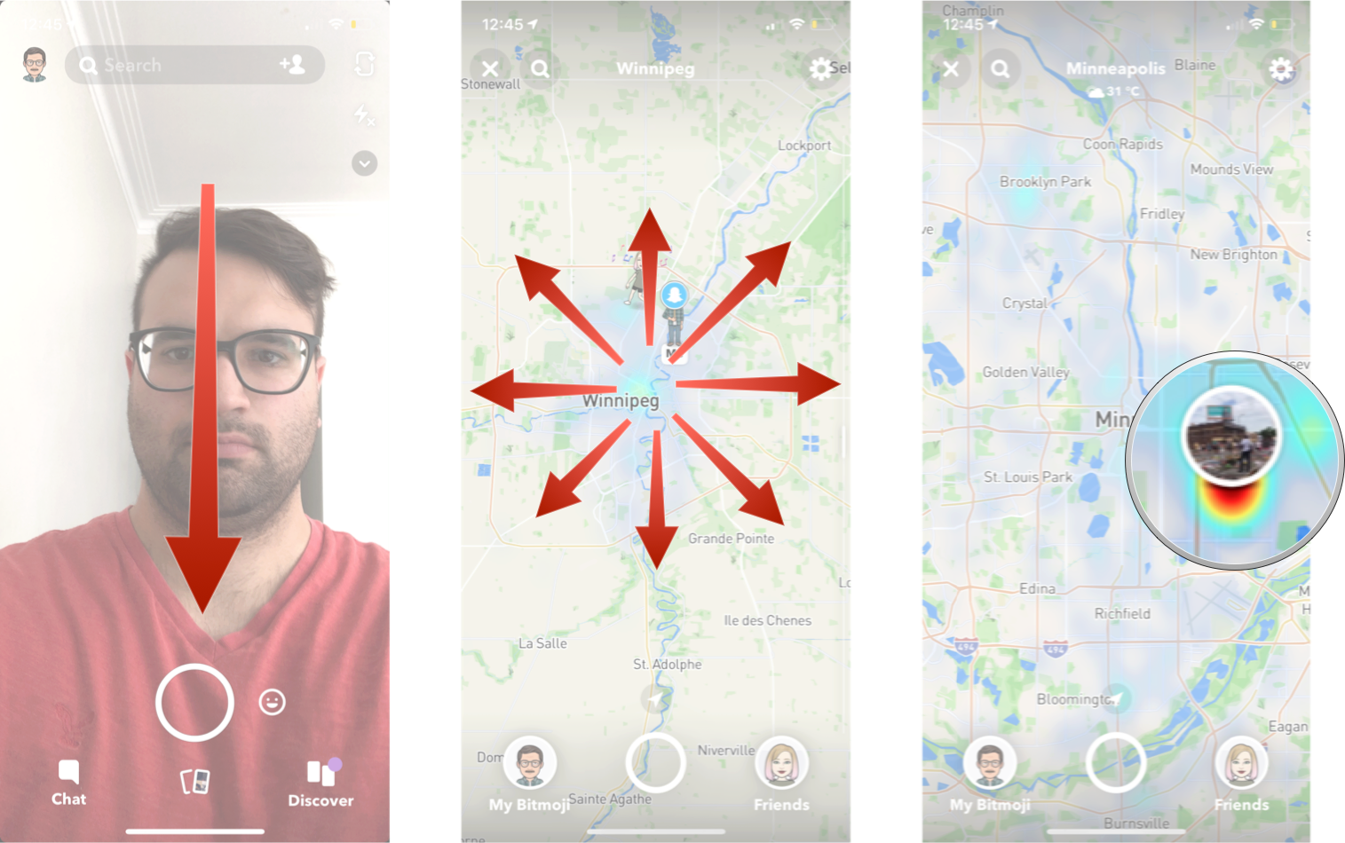 Using Snap Maps in Snapchat: Laun Snapchat on your device, swipe down on the screen, navigate around the map, tap a hot zone to see Snapchat stories from the area. 