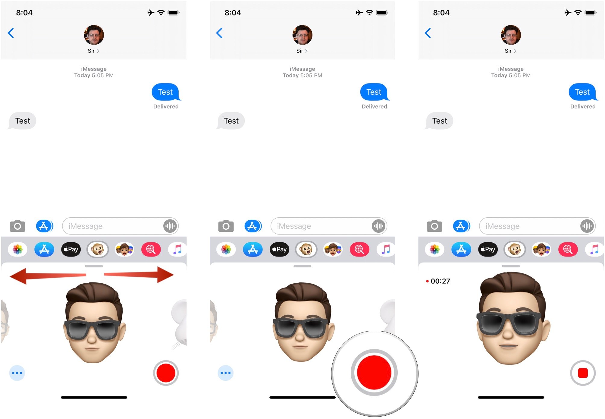 Send Animoji/Memoji,, showing how to scroll left or right, tap the record button, then record your Animoji