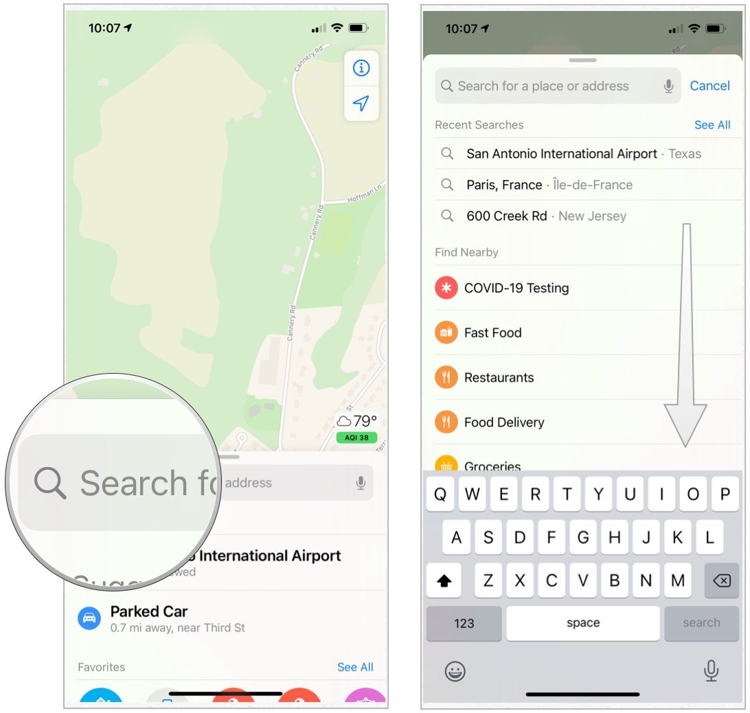 To find a nearby location, select the Search box, then choose a category under Find Nearby