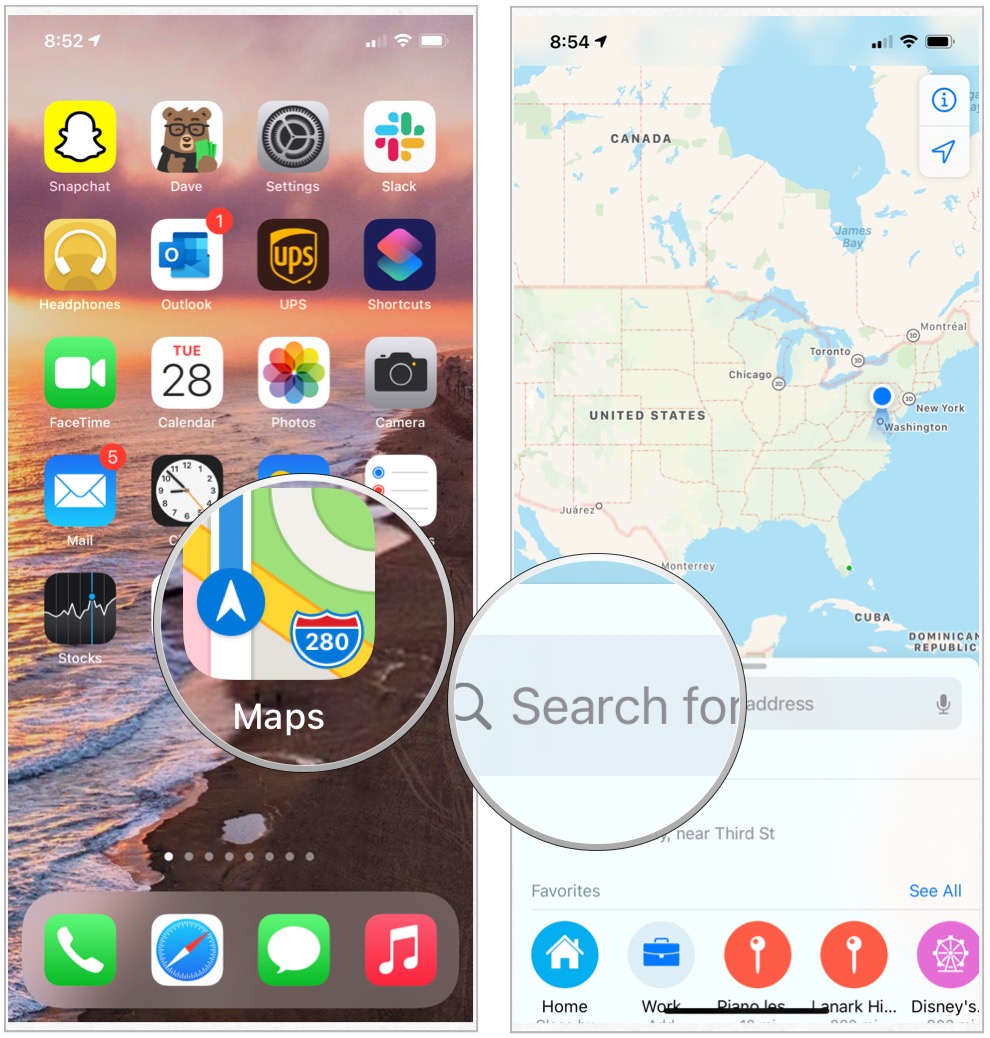 Чтобы выполнить поиск в приложении Apple Maps, коснитесь приложения на домашней странице, затем используйте поле поиска, чтобы найти место или адрес.