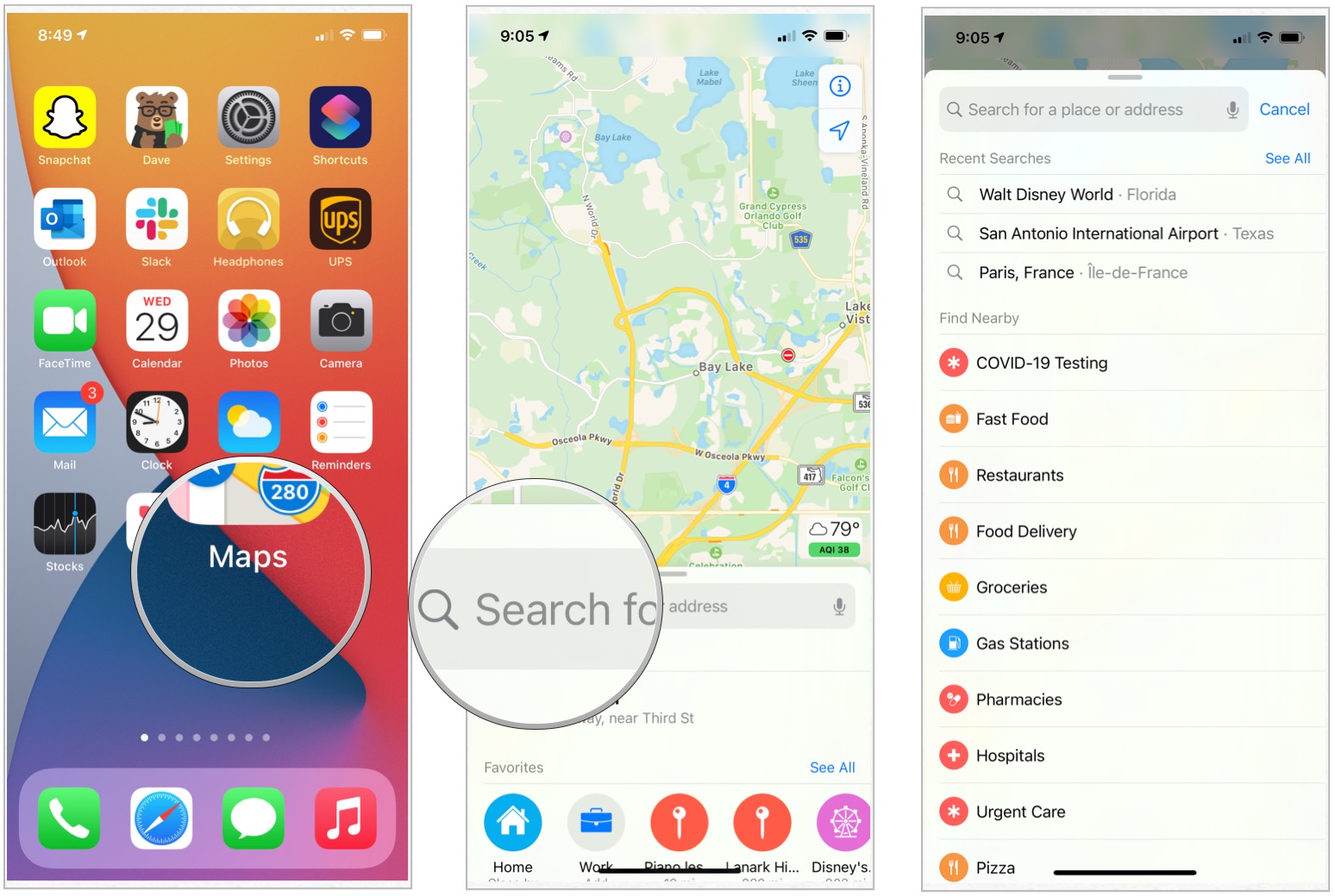 To review a recent search, launch the Maps app, tap on the search bar, choose the previous location
