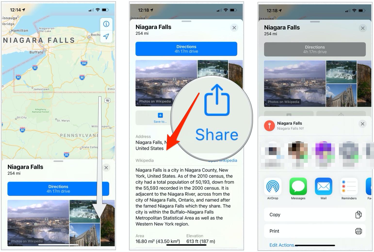 To share directions with Maps, select the share sheet icon. Then send using your preferred method.