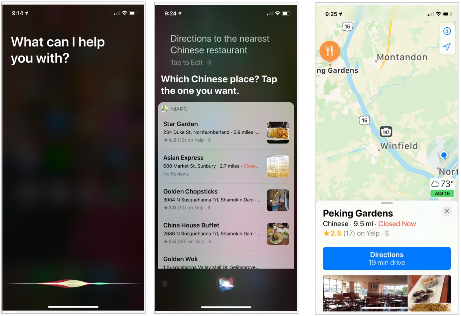 Чтобы найти местные предприятия, запустите Siri, сказав «Привет, Siri», а затем спросите дорогу.  Нажмите на опцию.