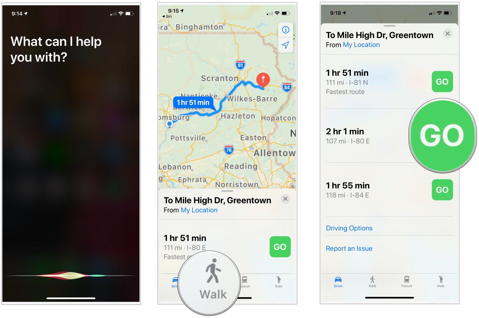 Чтобы проложить маршрут с помощью Siri, скажите «Привет, Siri» и «Как найти дорогу».  Коснитесь вида транспорта, затем коснитесь «Перейти» для навигации.
