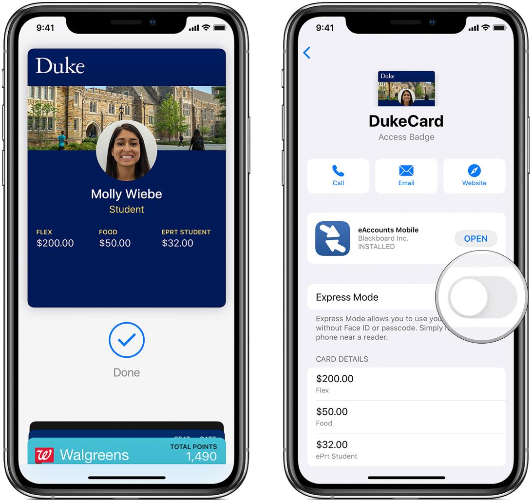 Show how to disable Express Mode for Student ID in Apple Wallet by showing steps: tap your student ID, tap the ... button, then tap the toggle on Express Mode to off
