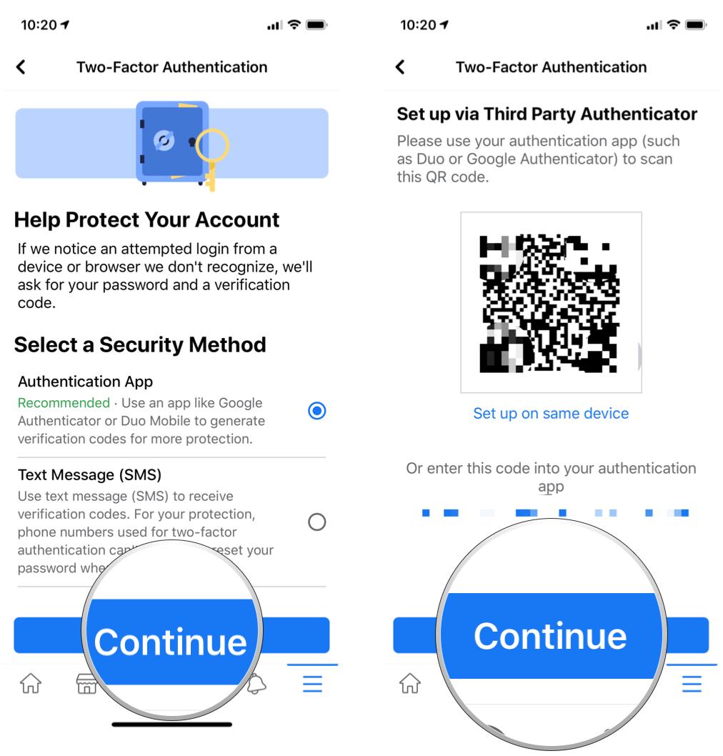 How to set up two-factor authentication for Facebook on iOS by showing steps: Choose your 2FA method, tap Continue, then scan the QR code or tap Set up on same device or copy and paste the secure code into your authenticator app. Then tap Continue
