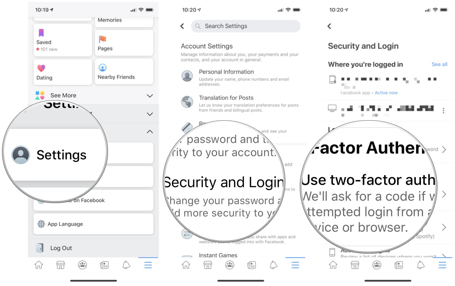 Как настроить двухфакторную аутентификацию для Facebook на iOS, показывая шаги: нажмите «Настройки», нажмите «Вход и безопасность», а затем нажмите «Использовать двухфакторную аутентификацию».