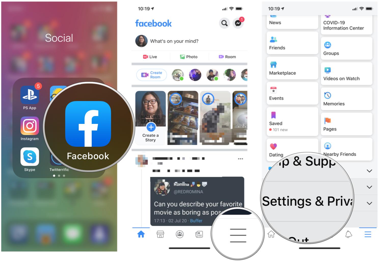 Как настроить двухфакторную аутентификацию для Facebook на iOS, показывая шаги: запустите Facebook, нажмите кнопку «Меню» в правом нижнем углу, затем нажмите «Настройки и конфиденциальность».