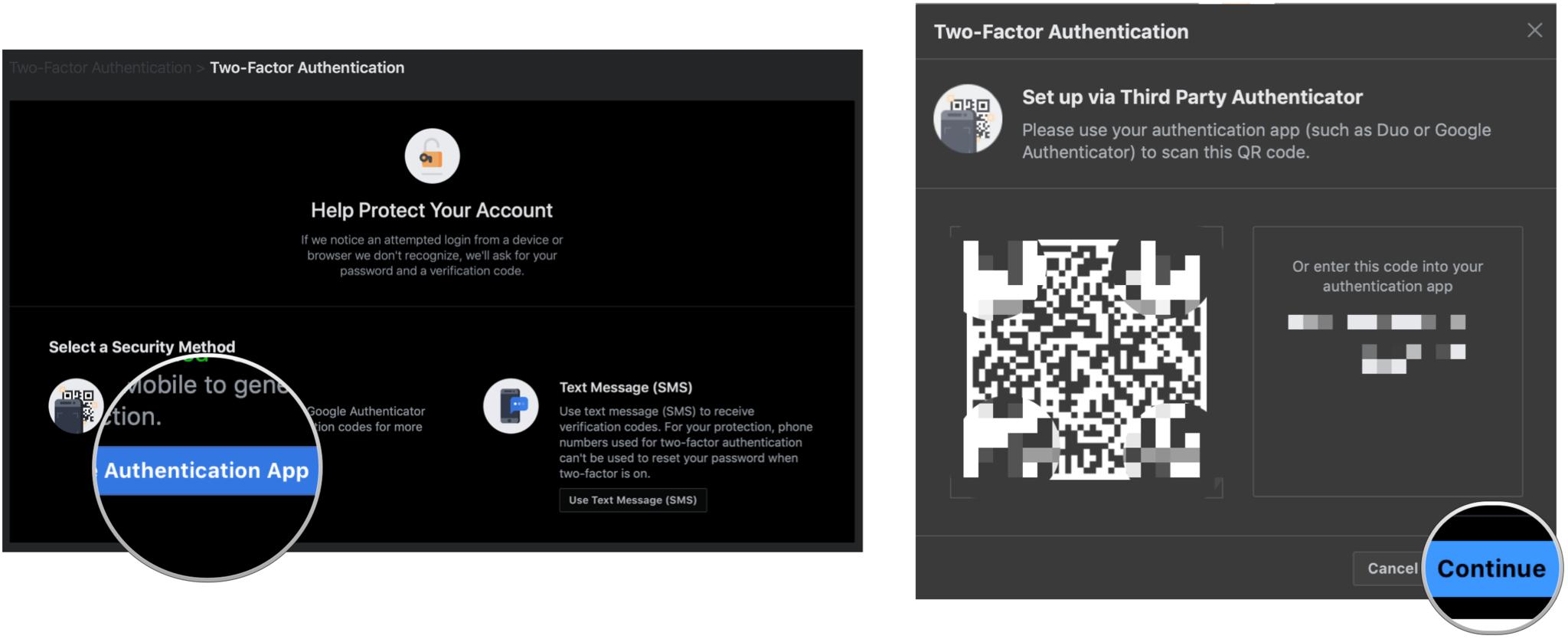 Set up two-factor authentication on Facebook on web by showing steps: Choose your 2FA method - we use an authenticator app in the example because it is more secure. Scan your QR code or input the secure code into your authenticator app, then click Continue