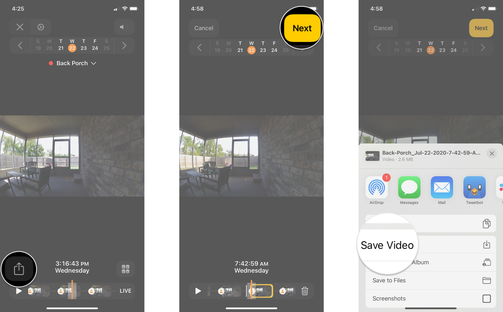 How to save recorded video in the Home app on the iPhone by showing steps: Tap on the Share icon, Tap Next, Tap Save Video