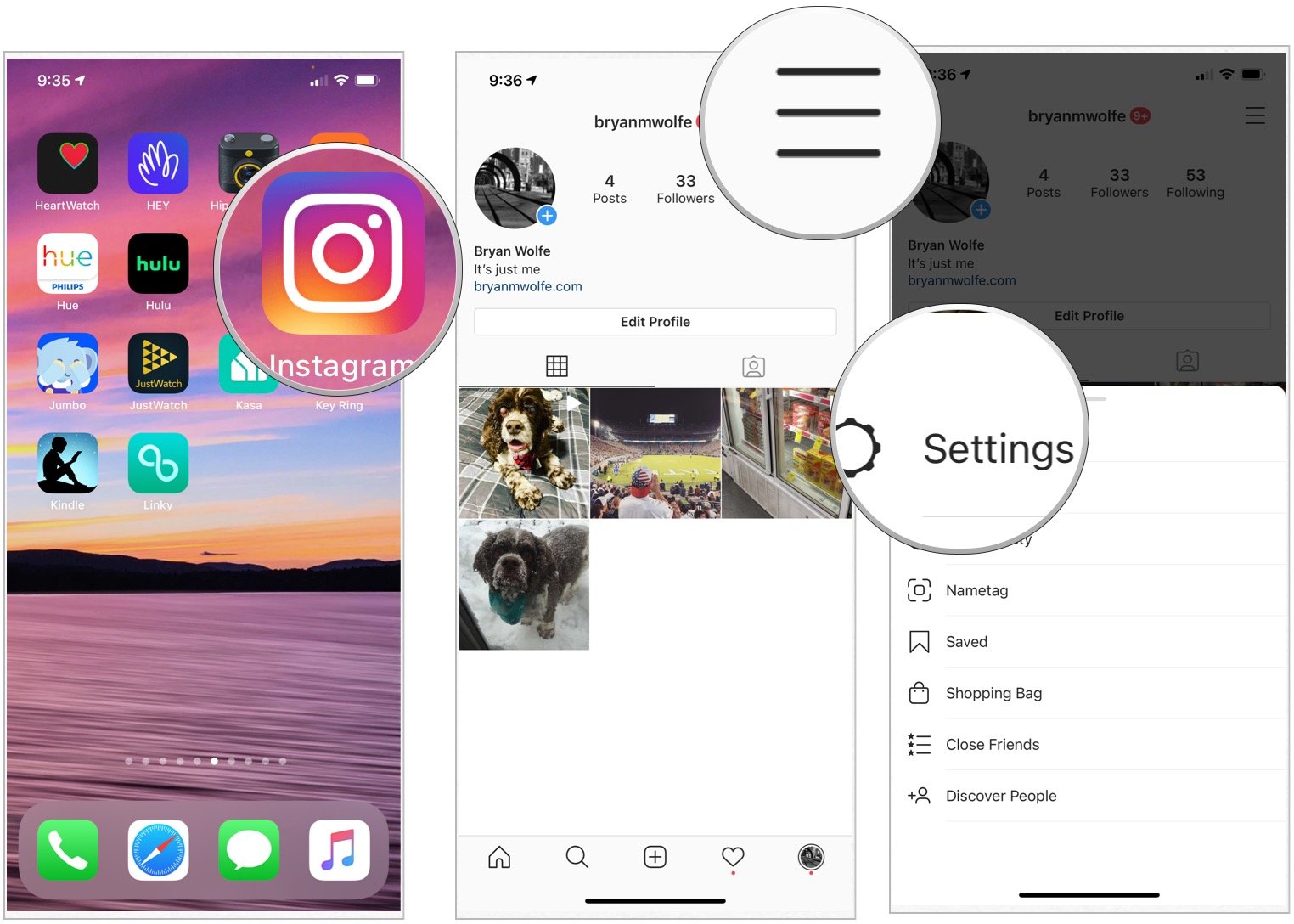 To set up two-factor authentication for Instagram, tap the Instagram app on your iPhone Home screen, then choose the menu icon at the top right of the Instagram Profile page. From there, select Settings on the menu. 