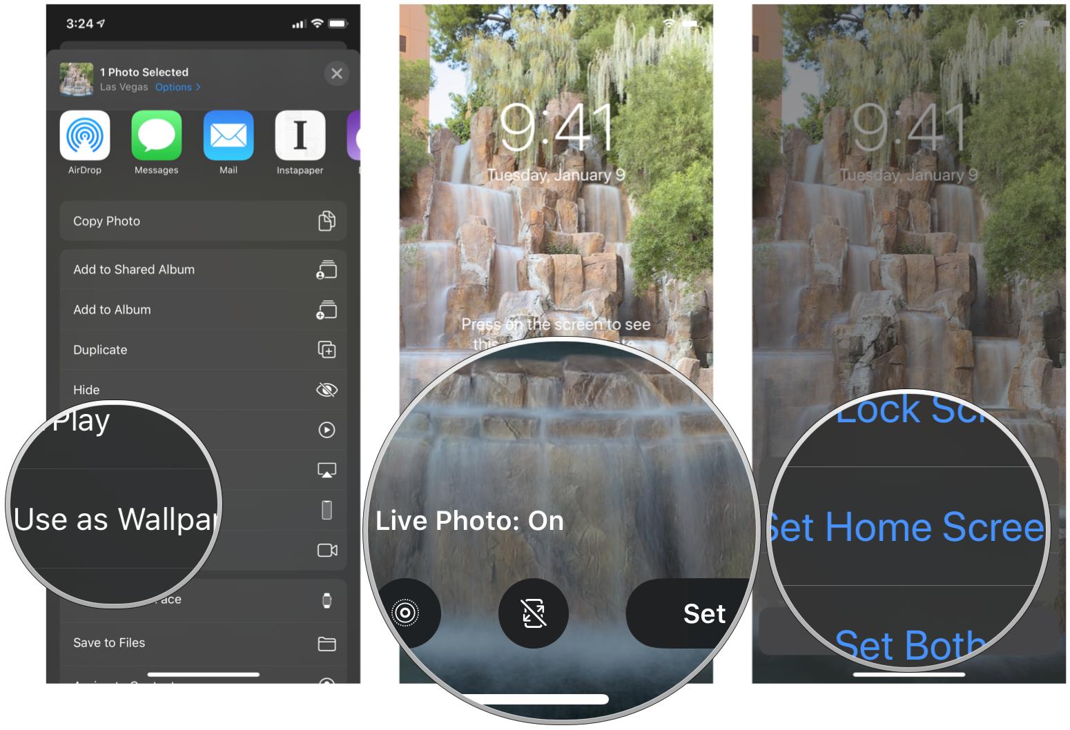 How to set a Live Photo as wallpaper on iPhone and iPad by showing steps: tap Use as Wallpaper, make adjustments and tap Set, then choose which screen to set it for