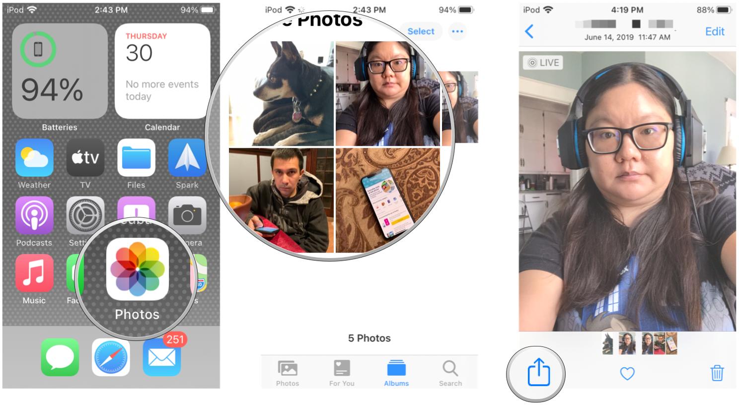 How to stitch together multiple Live Photos to create a video by showing steps: Launch Photos, find the Live Photos you want to stitch together, tap on Share button on one