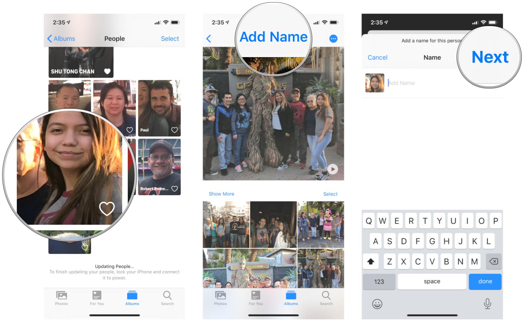 Add names to people in the Photos app on iPhone and iPad by showing steps: In the People album, tap on an unnamed person, tap Add Name, input their name, then Confirm