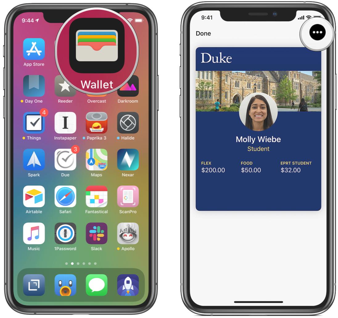 See your account balance on Student ID in Apple Wallet by showing steps: Launch Wallet, select your student ID, view balances, or tap ... button for more