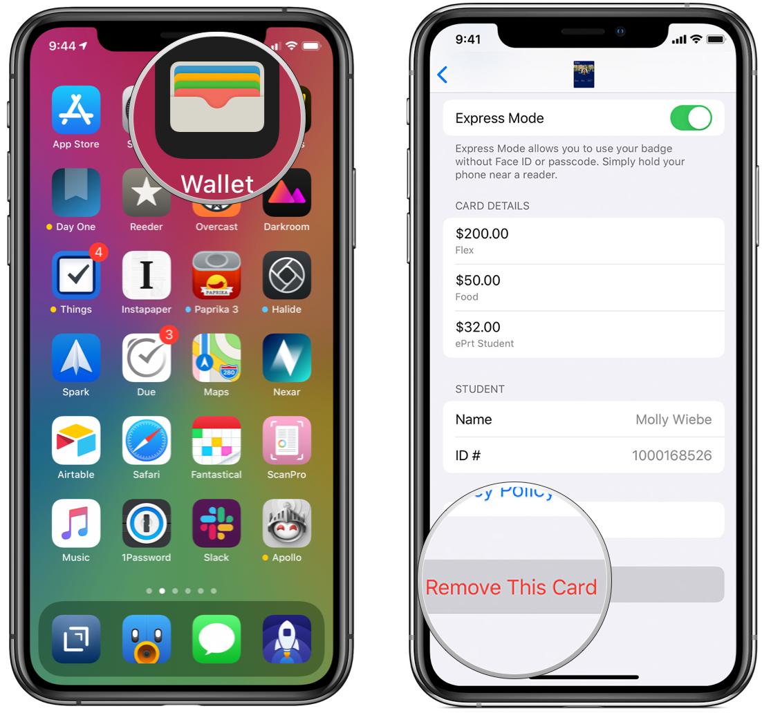Remove your Student ID from Apple Wallet by showing steps: Launch Wallet, tap student ID, tap ... button, tap Remove Card