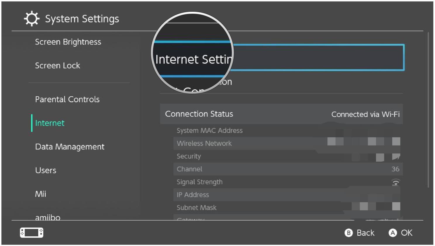 How to connect to a hotspot on your Nintendo Switch by showing steps: Under Internet, select Internet Settings