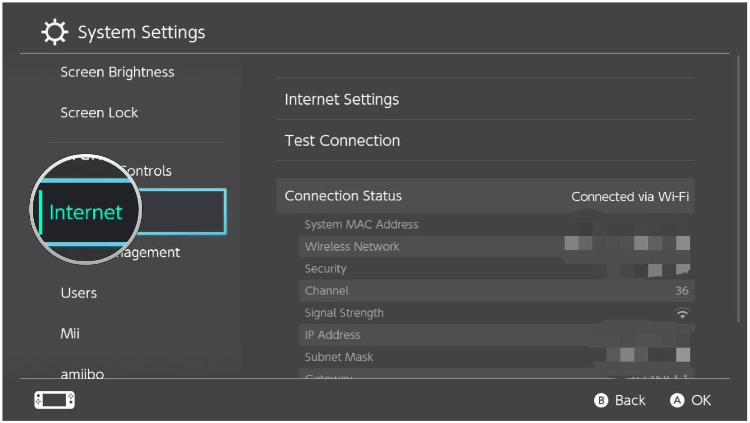 How to connect to a hotspot on your Nintendo Switch by showing steps: Select Internet in the side menu of System Settings