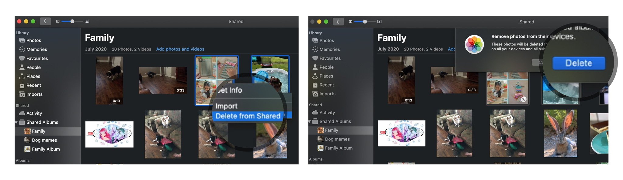 Remove photos or video from Family album on Mac: Right Click, Select Delete, Confirm Delete