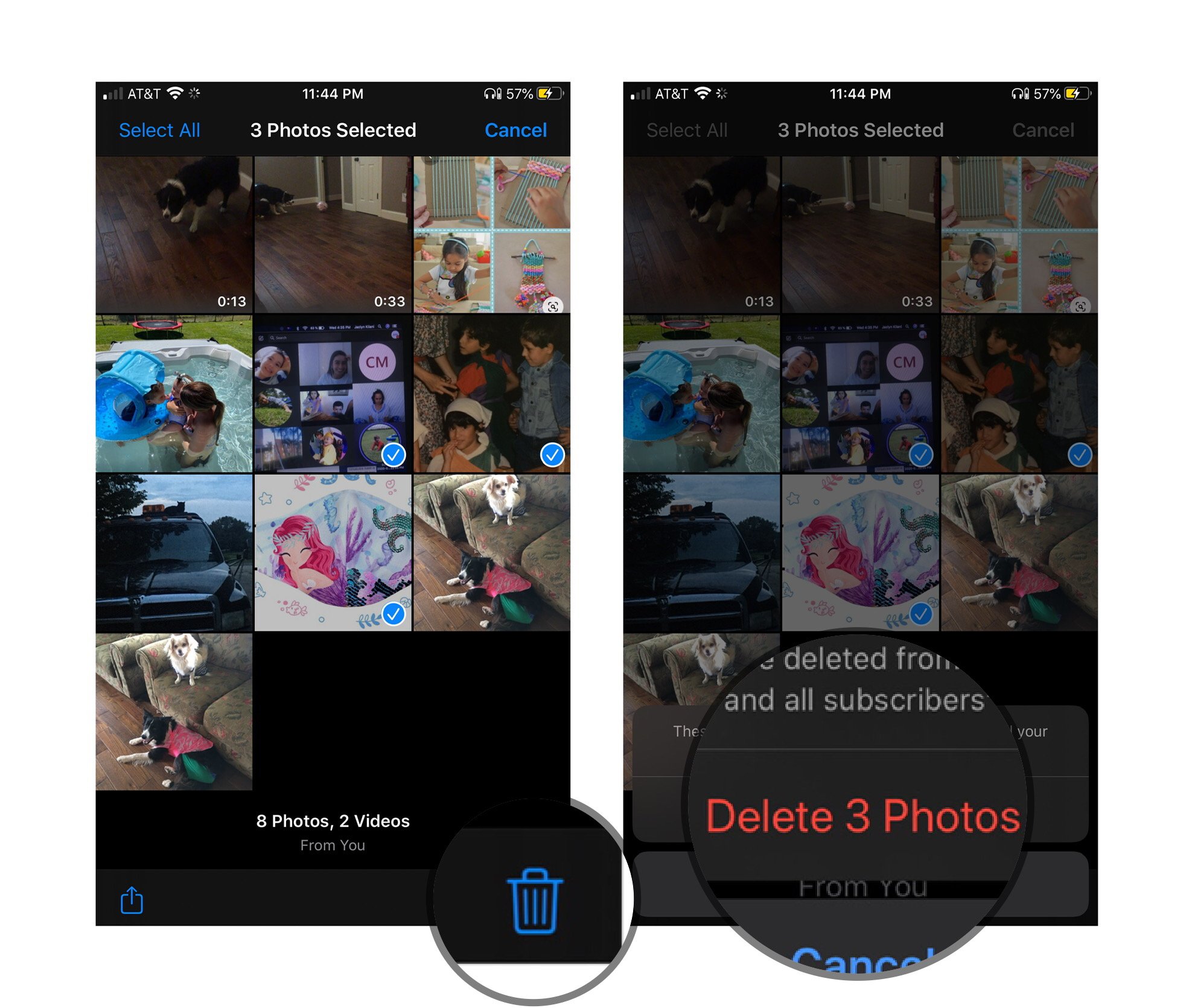 Remove photos or video from Family album on iOS: Select Photos, Tap Delete