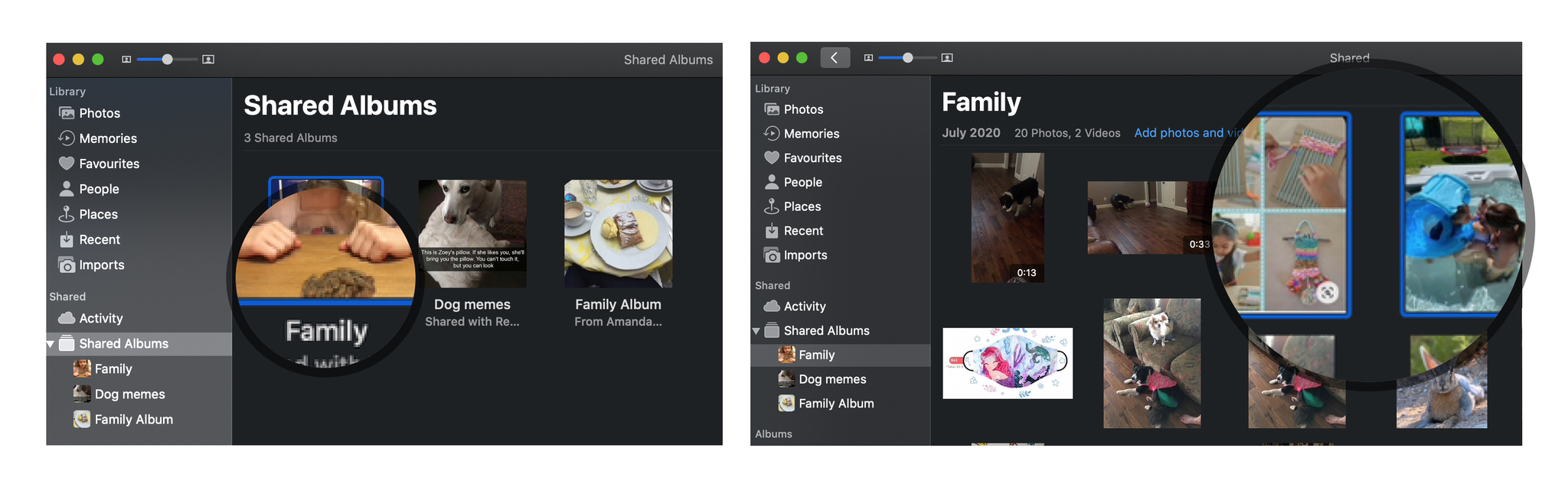 Remove photos or video from Family album on Mac: Launch photos, Select Shared Albums, Choose Photos