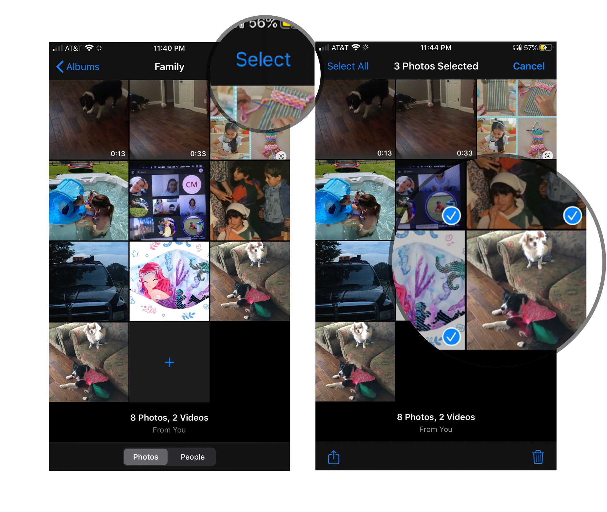 Remove photos or video from Family album on iOS: Tap Select, Select Photos