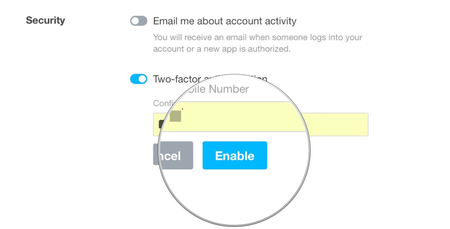 Set up Tumblr SMS authentication, showing how to click Enable