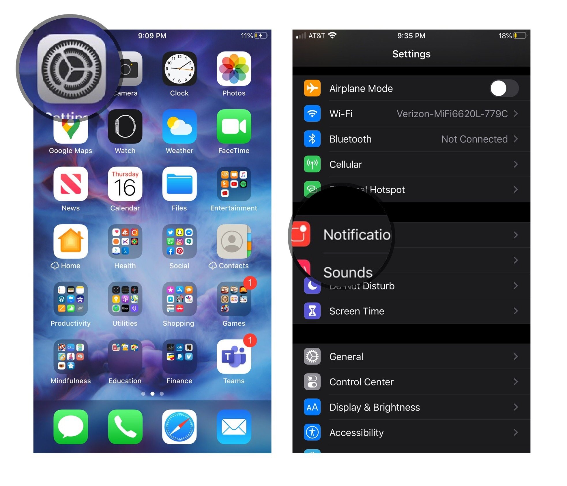 Disable notifications: Launch Settings app, Tap Notifications