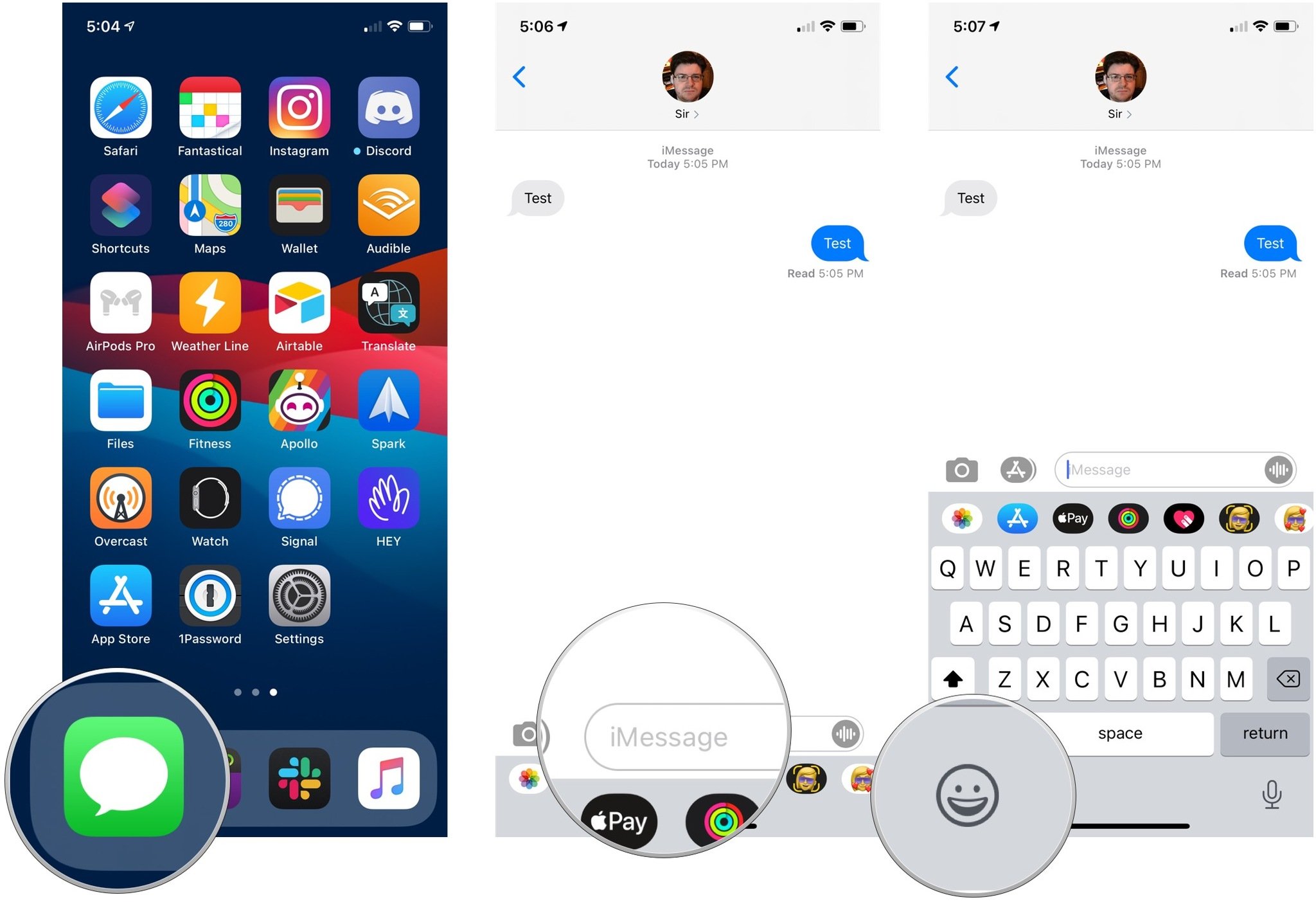 How to use emoji, showing how to launch an app, tap the text field, then tap the emoji button