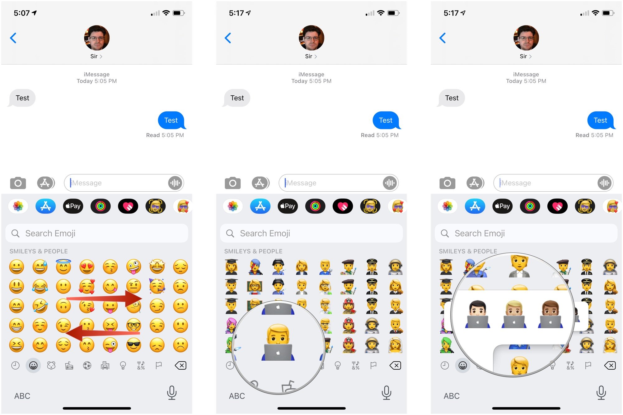How to use emoji, showing how to swipe left or right to browse emoji, then tap the emoji you want to use, then tap the version of the emoji when it's available