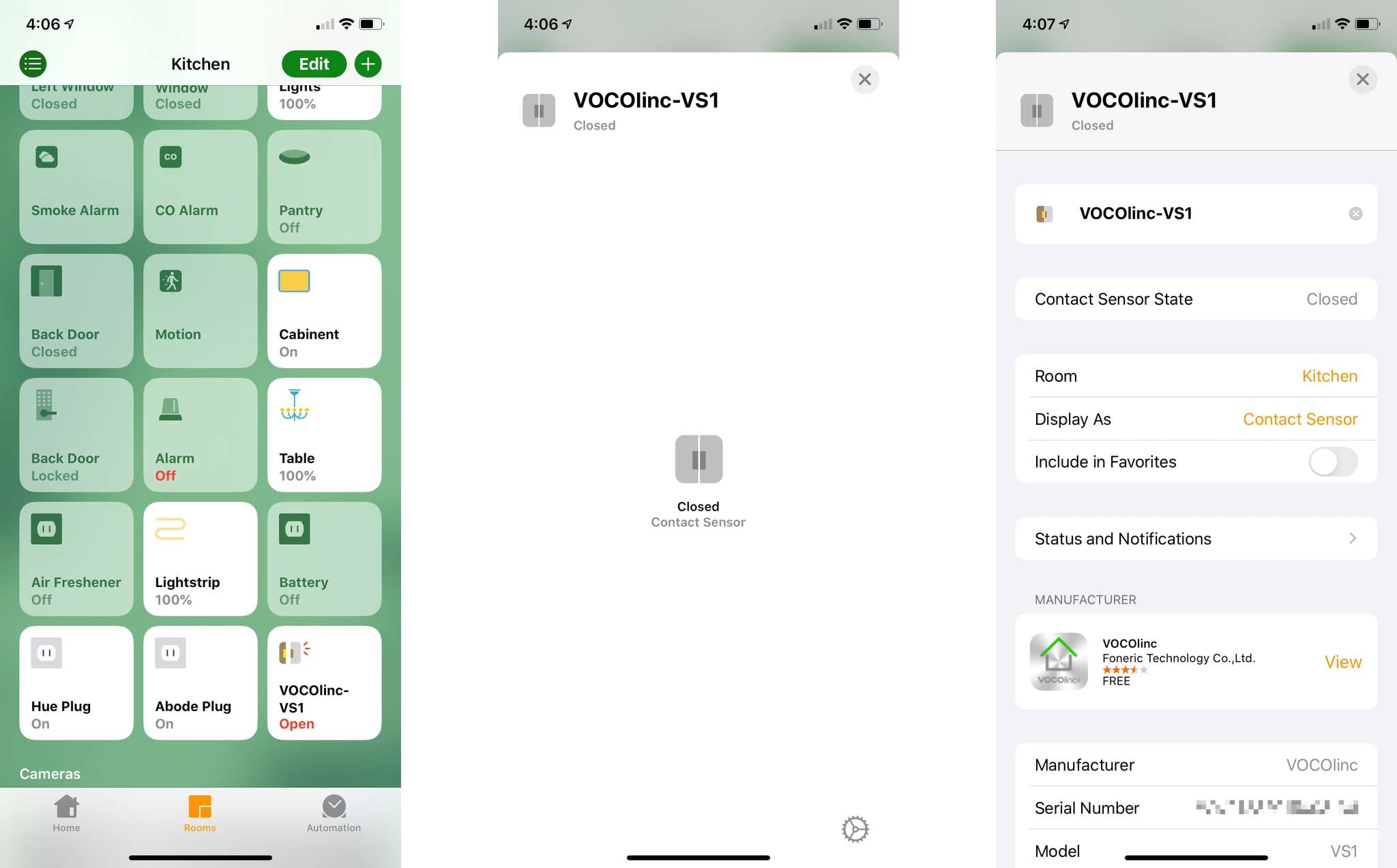 Vocolinc VS 1 Contact Sensor Review Home App Screens