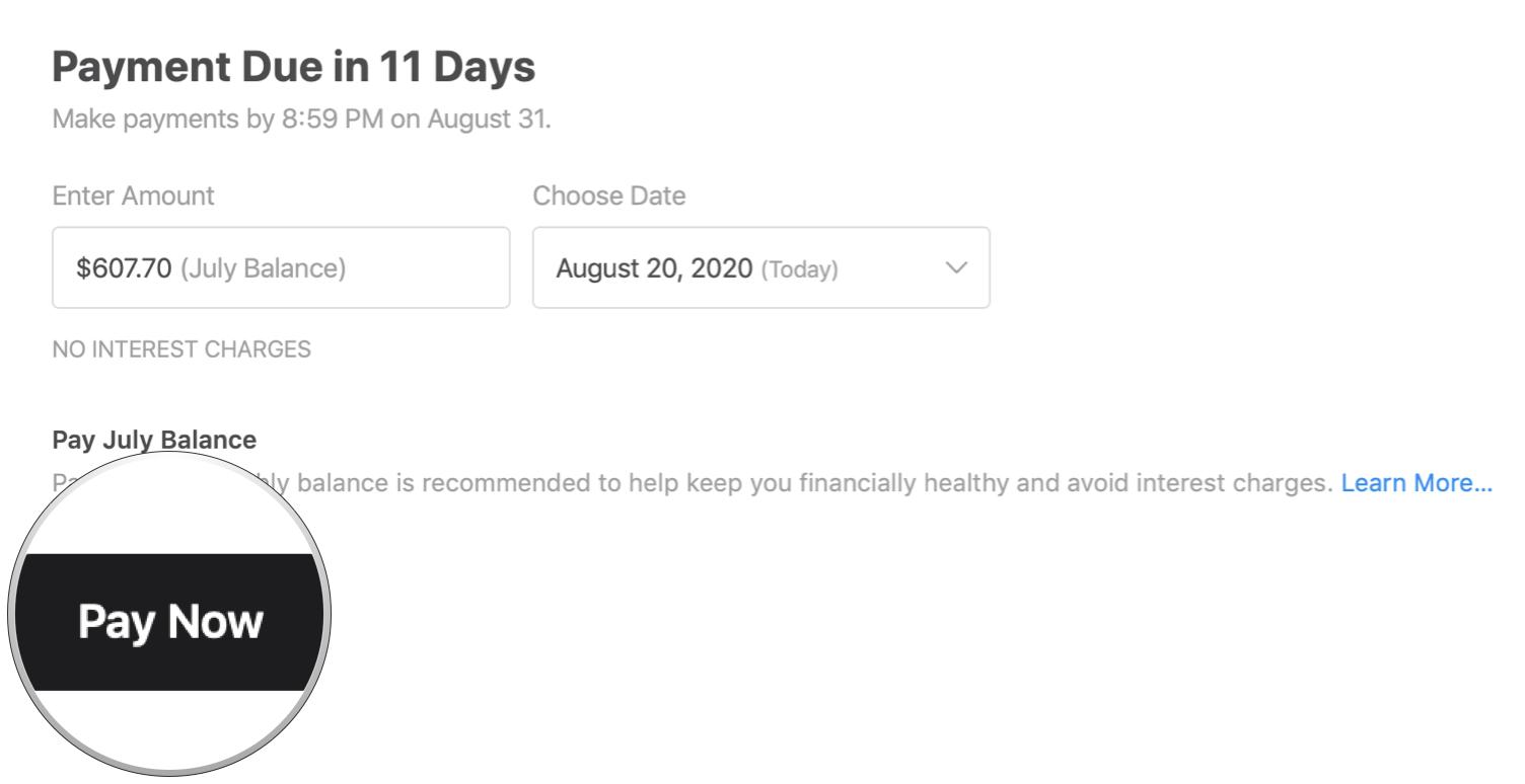 Make a payment on your Apple Card bill by showing steps: Click Pay Now