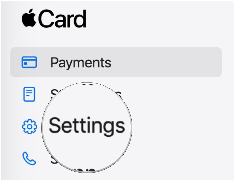 Manage your Apple Card online by showing steps: Click Settings in the sidebar menu