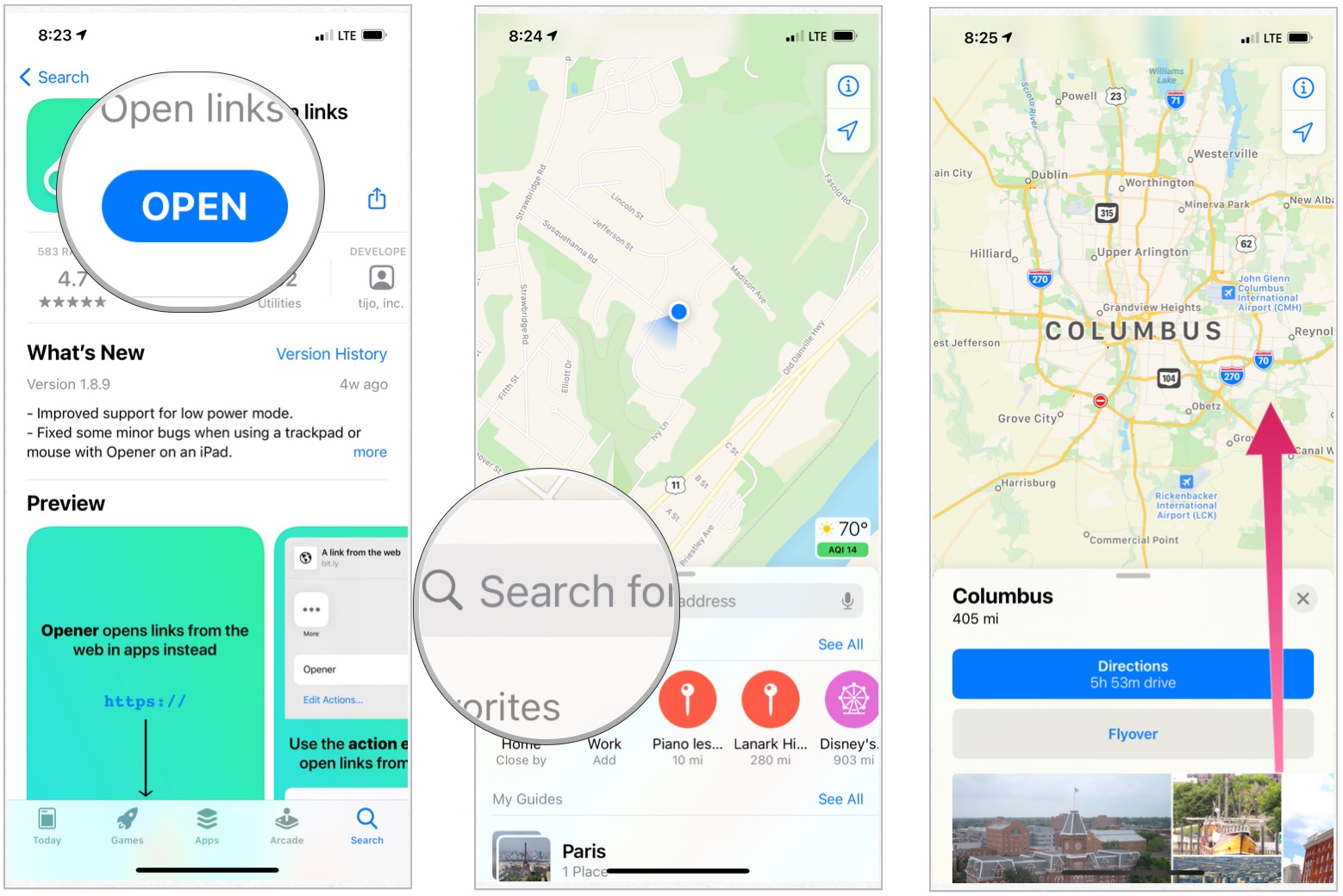 To open Apple Maps locations in Google Maps, first download the Opener app on the App Store, then Open Apple Maps. Search for your location. Swipe up on the info screen.