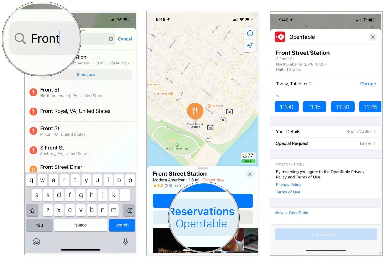 To use Maps extensions with OpenTable, launch the Maps app, tap the search bar and find restaurant you want. Choose Reservations:OpenTable and follow the directions. 