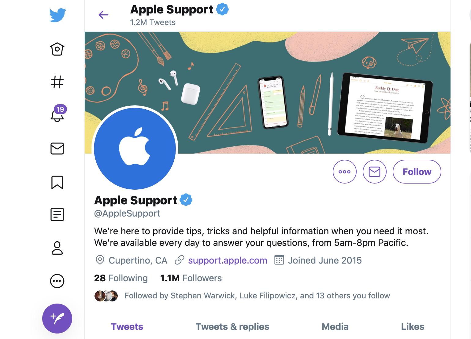 How to chat with Apple support online or on the phone: Visit Apple Support Twitter @applesupport Profile Screenshot