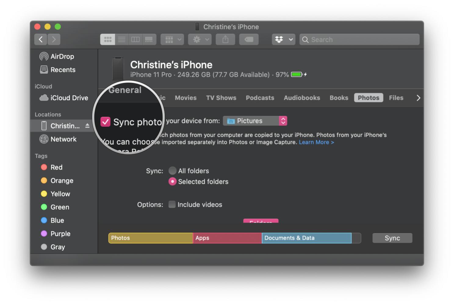 Transfer photos from mac to iphone by syncing photos and videos via iTunes and Finder by showing steps: Click Sync Photos checkbox to make sure that your photos sync