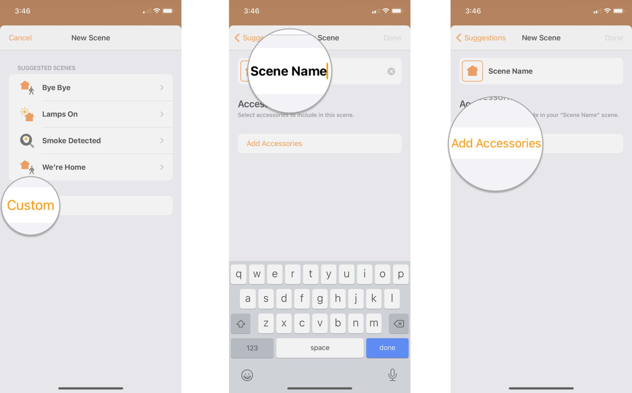 How to set up scenes in the Home app on iOS 14 on the iPhone by showing steps: Tap Custom, Give your Scene a Name, Tap Add Accessories