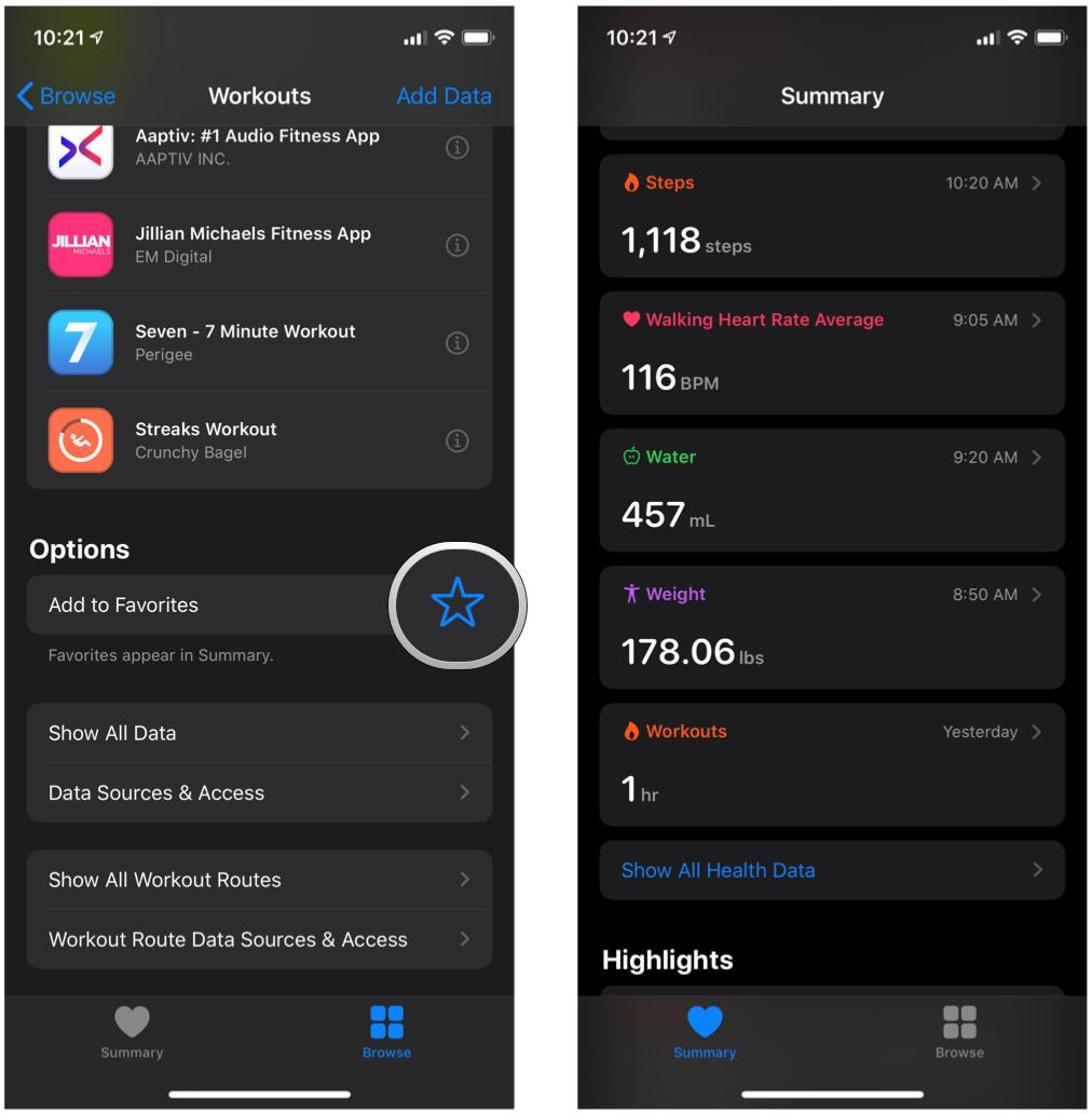 How to add a Favorite Health data point in the Health app on iPhone by showing steps: Tap the Add to Favorites star, then go view your new Favorite in your Health Summary