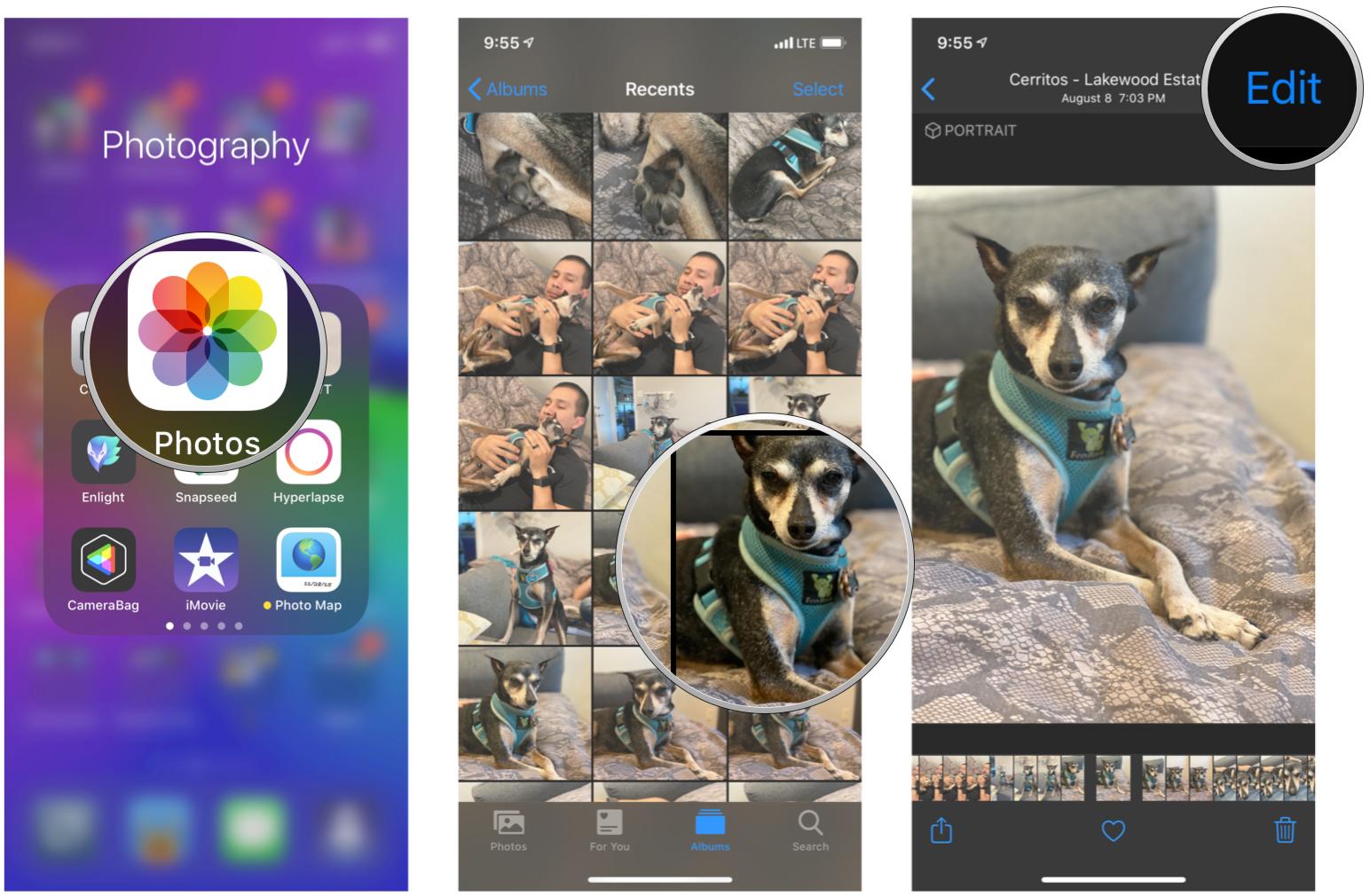 Примените фильтр в приложении «Фото» на iPhone и iPad, показывая шаги: запустите «Фото», коснитесь фотографии, которую хотите отредактировать, затем коснитесь «Изменить».