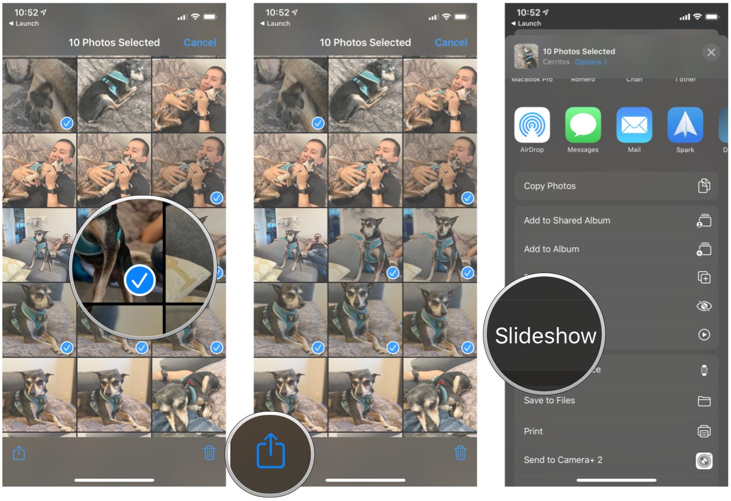 Начните слайд-шоу с избранных фотографий в приложении «Фото» на iPhone и iPad, показывая шаги: коснитесь фотографий, которые хотите использовать в слайд-шоу, чтобы они были отмечены синей галочкой, затем коснитесь «Поделиться», затем выберите «Слайд-шоу».