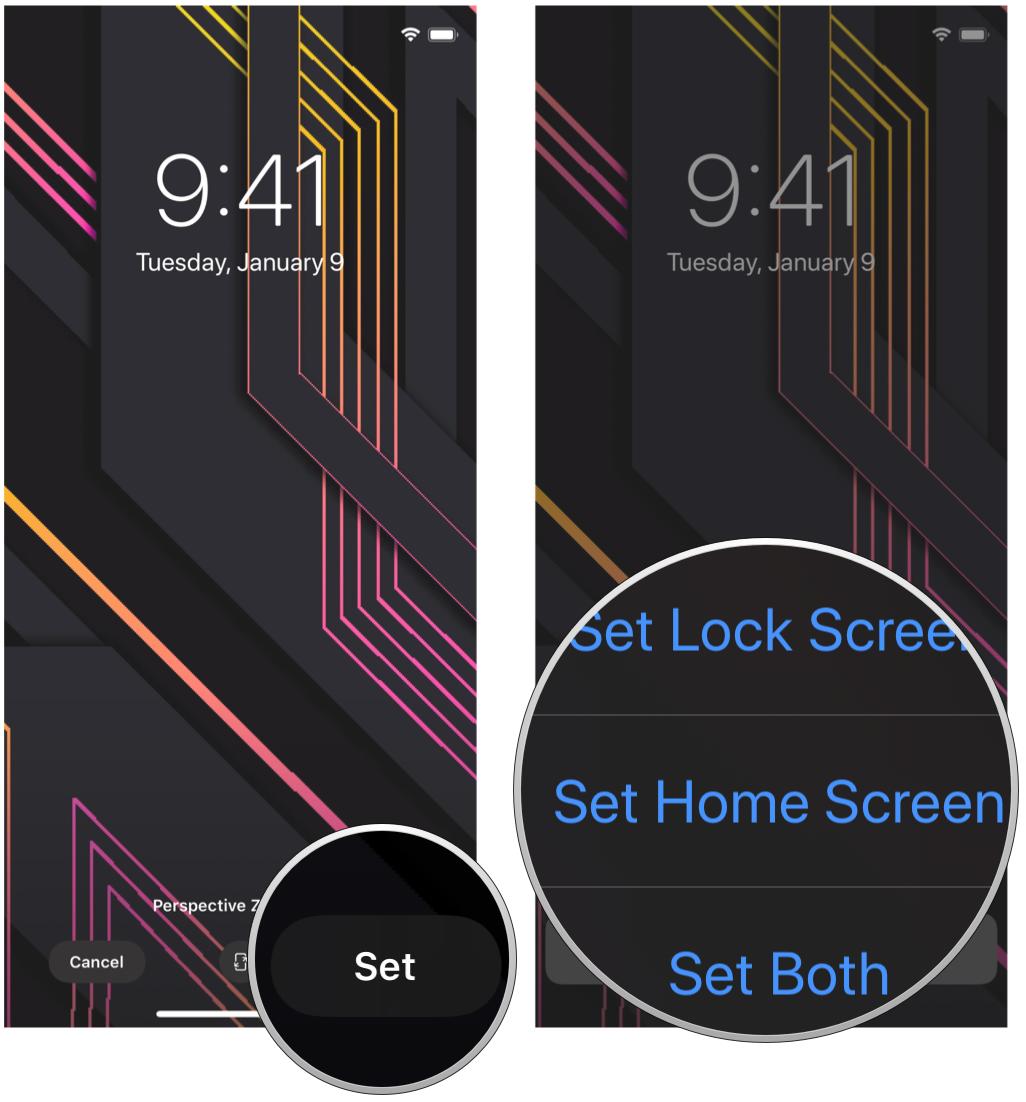 Set your iPhone or iPad wallpaper using the Photos app by showing steps: Tap Set, choose whether you want the wallpaper for your Lock Screen, Home Screen, or Both