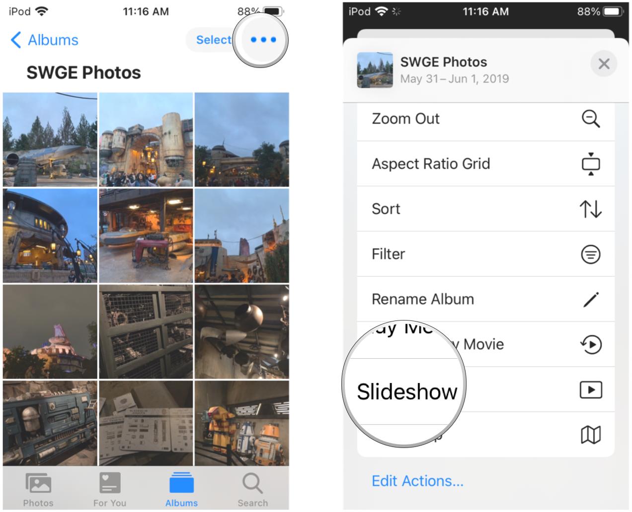 Start a slideshow with an entire album in Photos in iOS 14 on your iPhone or iPad by showing steps: Tap the ... button, select Slideshow from the menu