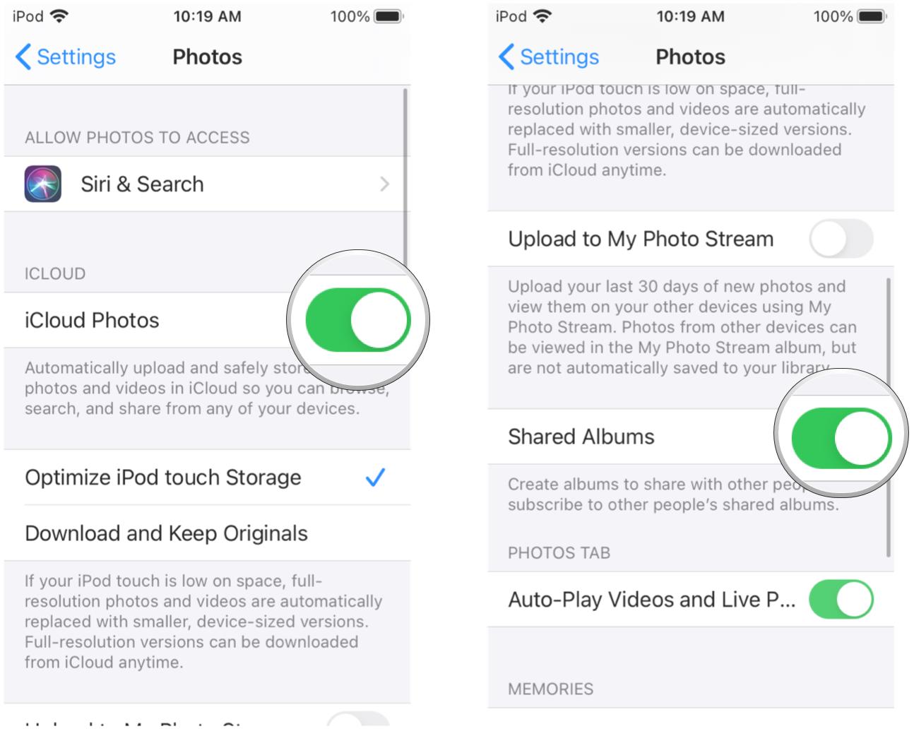 Transfer photos from mac to iphone by Enabling iCloud Photo Sharing on your iPhone or iPad by showing steps: Toggle iCloud Photo Library to ON, as well as Shared Albums to ON