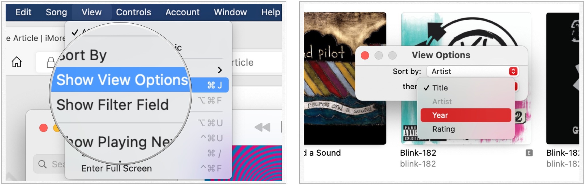 To sort albums on your Mac, click view on the Music app toolbar, then select Show View Options. Choose Artist next to Sort, and select Year next to Then. Close the View Options window.