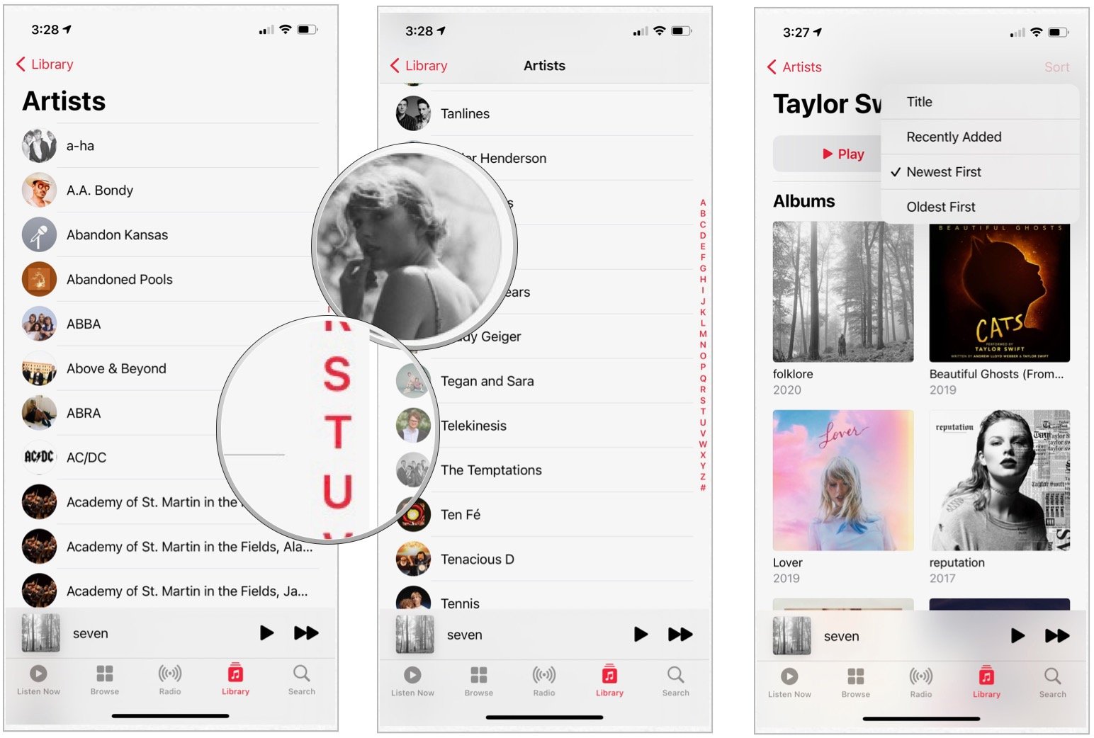 To sort your albums on your mobile phone, search for your artist and then tap Sort.  Choose the newest first or the oldest first.
